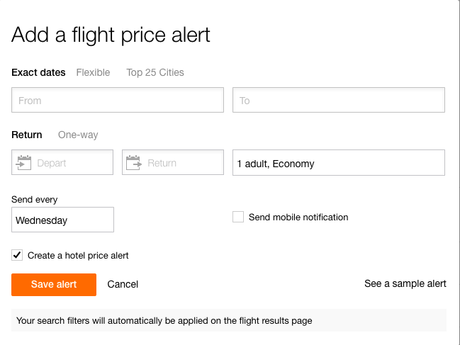 kayak cheap flight price alert