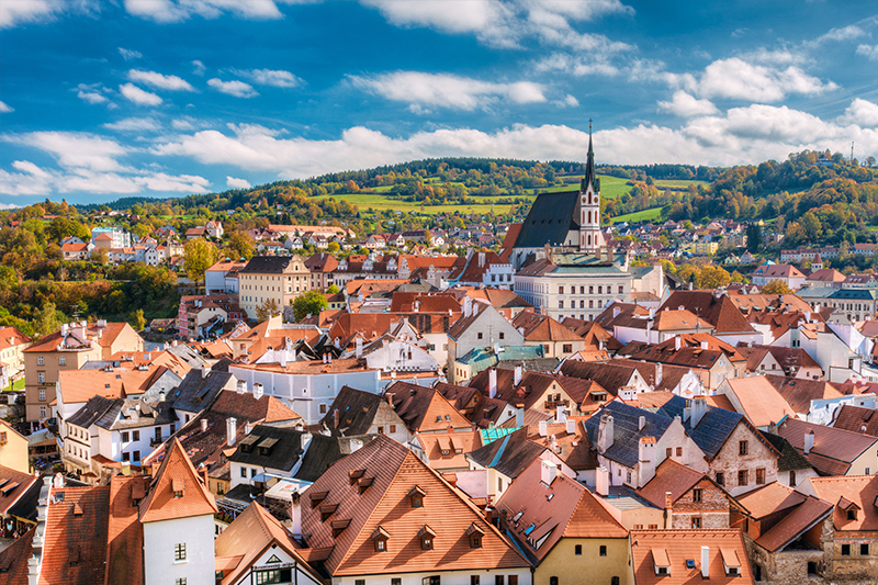 View of red rooves of Cesky Krumlov in the Czech Republic