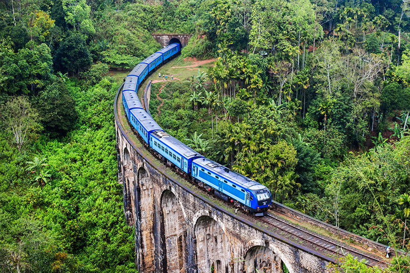Train passes over Sri Lanka's 9 arch bridge through the forest