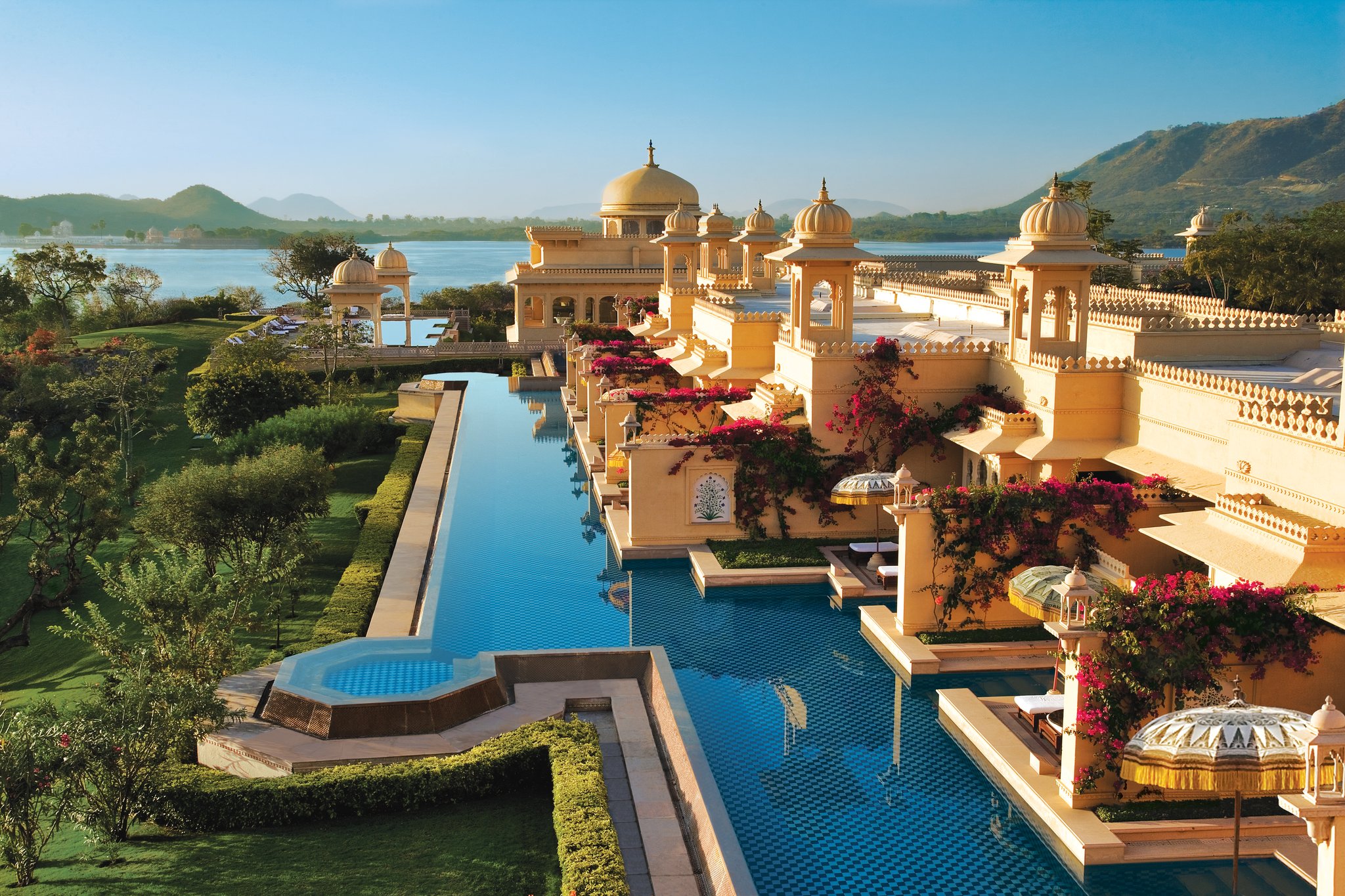 Sunrise over the deluxe rooms with semi private pool at the luxurious honeymoon destination Udaivilâs Oberoi Hotel. Udaipur.