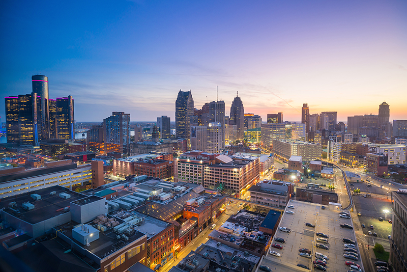 Aerial view of downtown Detroit at twilight in Michigan USA