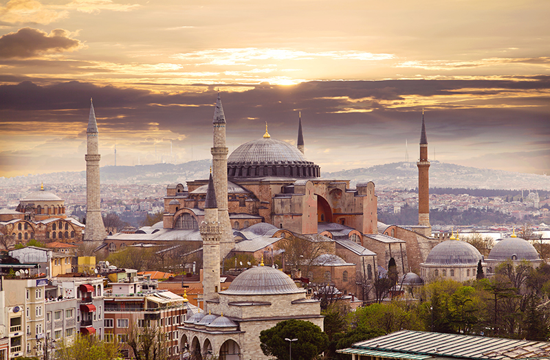 Hagia Sophia in Istanbul. The world famous monument of Byzantine architecture. View of the St. Sophia Cathedral at sunset