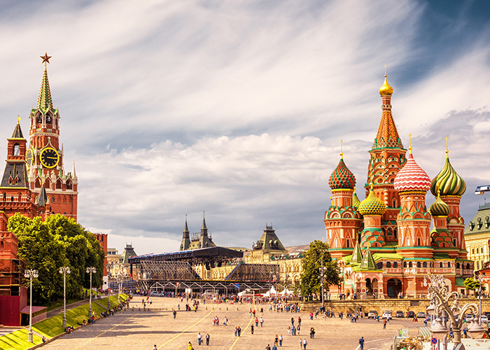 Moscow Kremlin and of St Basil's Cathedral on Red Square, Moscow, Russia.