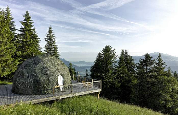 The Whitepod hotel at the foot of the Alps